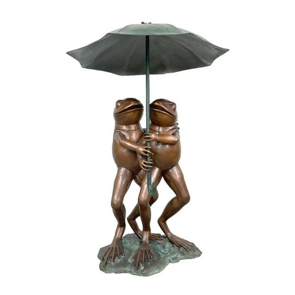 Piped Bronze Two Frogs Holding Umbrella Water Feature Fountain Spouting
